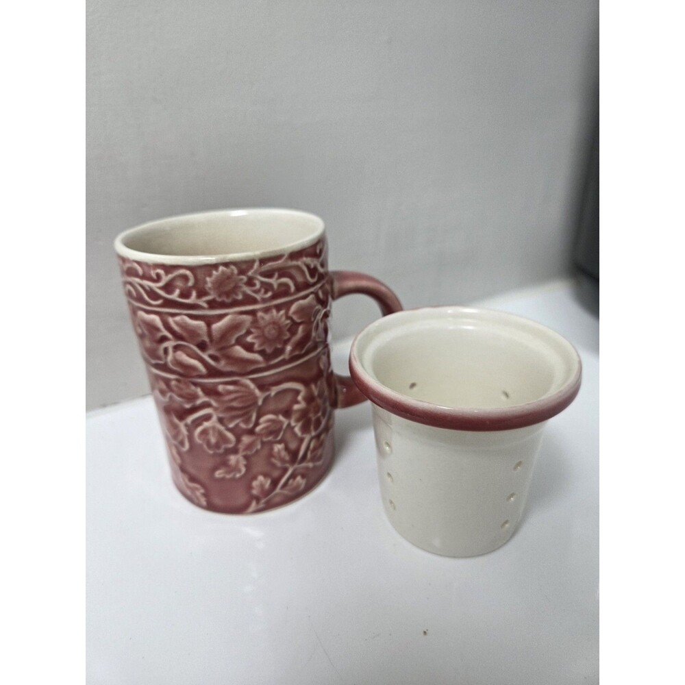 World Market Ceramic Tea Cups Mugs With Infuser Pink/Bordeaux  Floreal embossed